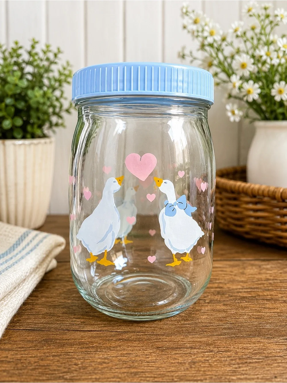 Vintage Duck Glass Jar with Blue Lid and Pink Hearts